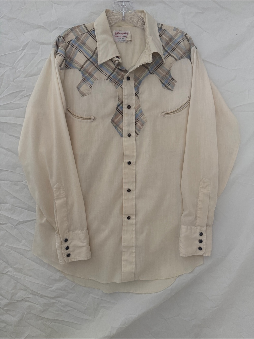 Wrangler Vintage 70’s Men's Cream Western Pearl Snap Plaid Yoke Smile Pocket